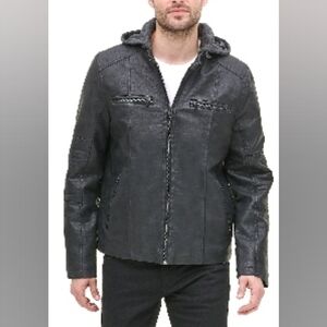 Men's Levis faux-leather hooded racer jacket (Lrg) Black